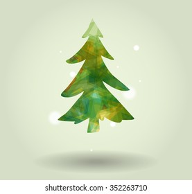 Abstract christmas tree icon or logo concept. Silhouette of evergreen tree filled with colorful abstract pattern with added text and snowflakes.