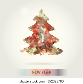 Abstract christmas tree icon or logo concept. Silhouette of evergreen tree filled with colorful abstract pattern with added text and snowflakes.