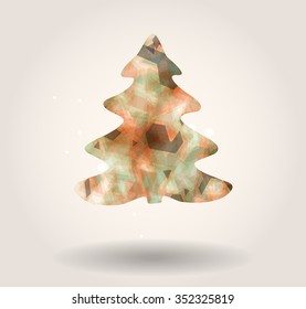 Abstract christmas tree icon or logo concept. Silhouette of evergreen tree filled with colorful abstract pattern with added text and snowflakes.