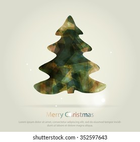 Abstract christmas tree icon or logo concept. Silhouette of evergreen tree filled with colorful abstract pattern with added text and snowflakes.