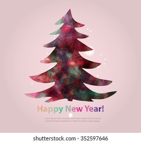 Abstract christmas tree icon or logo concept. Silhouette of evergreen tree filled with colorful abstract pattern with added text and snowflakes.