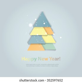 Abstract christmas tree icon or logo concept. Silhouette of evergreen tree build with colorful abstract triangles with added text and snowflakes.