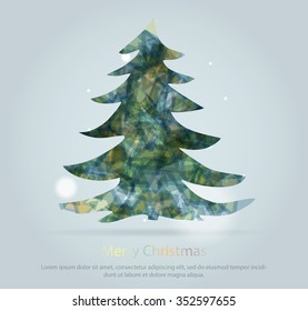 Abstract christmas tree icon or logo concept. Silhouette of evergreen tree filled with colorful abstract pattern with added text and snowflakes.