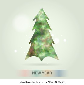 Abstract christmas tree icon or logo concept. Silhouette of evergreen tree filled with colorful abstract pattern with added text and snowflakes.