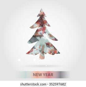 Abstract christmas tree icon or logo concept. Silhouette of evergreen tree filled with colorful abstract pattern with added text and snowflakes.