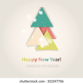 Abstract christmas tree icon or logo concept. Silhouette of evergreen tree build with colorful abstract triangles with added text and snowflakes.