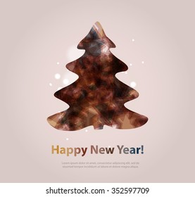 Abstract christmas tree icon or logo concept. Silhouette of evergreen tree filled with colorful abstract pattern with added text and snowflakes.