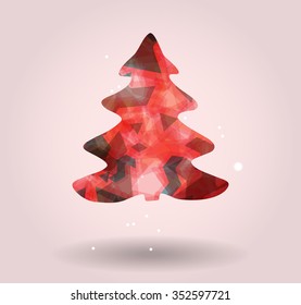 Abstract christmas tree icon or logo concept. Silhouette of evergreen tree filled with colorful abstract pattern with added text and snowflakes.
