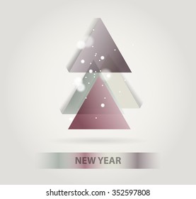Abstract christmas tree icon or logo concept. Silhouette of evergreen tree build with colorful abstract triangles with added text and snowflakes.