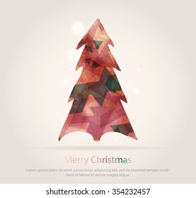 Abstract christmas tree icon or logo concept. Silhouette of evergreen tree filled with colorful abstract pattern with added text and snowflakes.