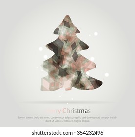 Abstract christmas tree icon or logo concept. Silhouette of evergreen tree filled with colorful abstract pattern with added text and snowflakes.