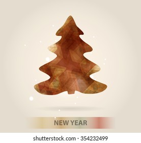 Abstract christmas tree icon or logo concept. Silhouette of evergreen tree filled with colorful abstract pattern with added text and snowflakes.
