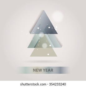 Abstract christmas tree icon or logo concept. Silhouette of evergreen tree build with colorful abstract triangles with added text and snowflakes.