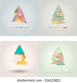 Abstract christmas tree icon or logo concept. Silhouette of evergreen tree build with colorful abstract triangles with added text and snowflakes.