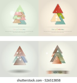 Abstract christmas tree icon or logo concept. Silhouette of evergreen tree build with colorful abstract triangles with added text and snowflakes.