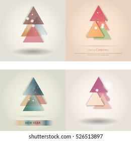 Abstract christmas tree icon or logo concept. Silhouette of evergreen tree build with colorful abstract triangles with added text and snowflakes.