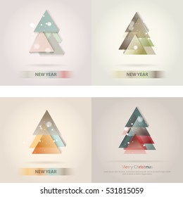 Abstract christmas tree icon or logo concept. Silhouette of evergreen tree build with colorful abstract triangles with added text and snowflakes.