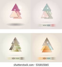 Abstract christmas tree icon or logo concept. Silhouette of evergreen tree build with colorful abstract triangles with added text and snowflakes.