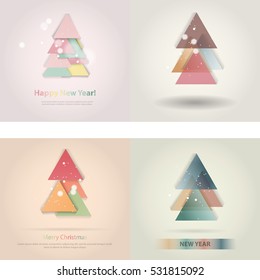 Abstract christmas tree icon or logo concept. Silhouette of evergreen tree build with colorful abstract triangles with added text and snowflakes.