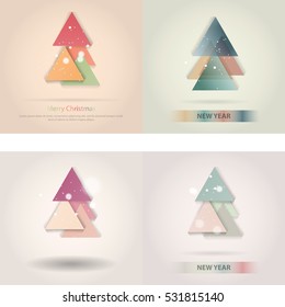 Abstract christmas tree icon or logo concept. Silhouette of evergreen tree build with colorful abstract triangles with added text and snowflakes.