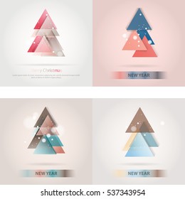 Abstract christmas tree icon or logo concept. Silhouette of evergreen tree build with colorful abstract triangles with added text and snowflakes.