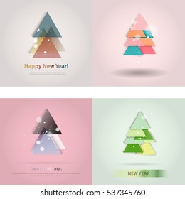 Abstract christmas tree icon or logo concept. Silhouette of evergreen tree build with colorful abstract triangles with added text and snowflakes.