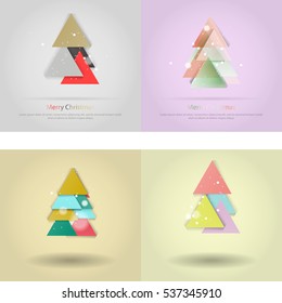 Abstract christmas tree icon or logo concept. Silhouette of evergreen tree build with colorful abstract triangles with added text and snowflakes.