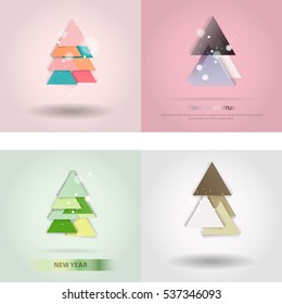 Abstract christmas tree icon or logo concept. Silhouette of evergreen tree build with colorful abstract triangles with added text and snowflakes.