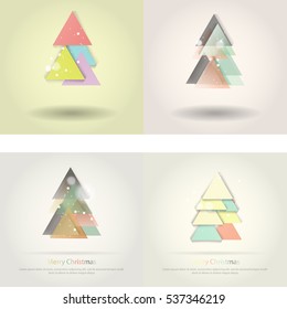 Abstract christmas tree icon or logo concept. Silhouette of evergreen tree build with colorful abstract triangles with added text and snowflakes.