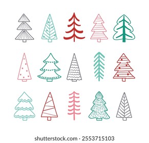 Abstract Christmas tree icon set. Hand drawn X-Mas decorations. Vector illustration