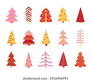 Abstract Christmas tree icon set. Hand drawn X-Mas decorations. Vector illustration