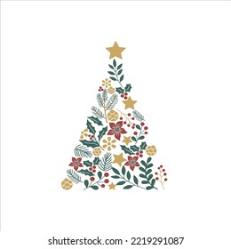 Abstract christmas tree icons, flat symmetric design natural elements leaves stars pines decor.