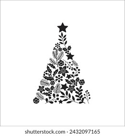 Iconos abstractos del árbol de Navidad, elementos naturales simétricos planos del diseño negro deja las estrellas decoración de los pinos