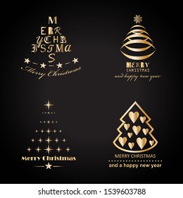 Abstract Christmas Tree Icons. Gold Christmas Tree Set - Isolated On Black Background - Vector.Collection Of Xmas Tree Icons. Abstract Art. Golden Christmas Trees Modern Silhouette,Vector Illustration