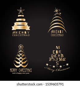 Abstract Christmas Tree Icons. Gold Christmas Tree Set - Isolated On Black Background - Vector.Collection Of Xmas Tree Icons. Abstract Art. Golden Christmas Trees Modern Silhouette,Vector Illustration