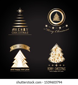 Abstract Christmas Tree Icons. Gold Christmas Tree Set - Isolated On Black Background - Vector.Collection Of Xmas Tree Icons. Abstract Art. Golden Christmas Trees Modern Silhouette,Vector Illustration