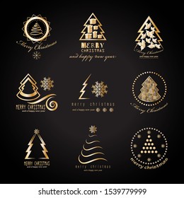 Abstract Christmas Tree Icons. Gold Christmas Tree Set - Isolated On Black Background - Vector.Collection Of Xmas Tree Icons. Abstract Art. Golden Christmas Trees Modern Silhouette,Vector Illustration