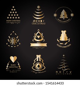 Abstract Christmas Tree Icons. Gold Christmas Tree Set - Isolated On Black Background - Vector.Collection Of Xmas Tree Icons. Abstract Art. Golden Christmas Trees Modern Silhouette,Vector Illustration