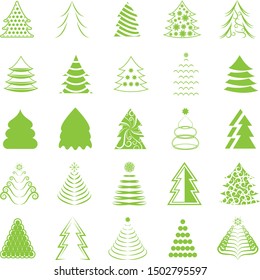 Abstract Christmas Tree Icons. Green Silhouette Set - Isolated On White Background - Vector Illustration. Collection Of Xmas Tree Icons. Abstract Art. Flat Pictogram. Christmas Trees Modern Silhouette
