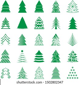 Abstract Christmas Tree Icons. Green Silhouette Set - Isolated On White Background - Vector Illustration. Collection Of Xmas Tree Icons. Abstract Art. Flat Pictogram. Christmas Trees Modern Silhouette