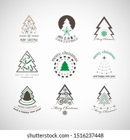Abstract Christmas Tree Icons. Green Silhouette Set - Isolated On White Background - Vector Illustration.  