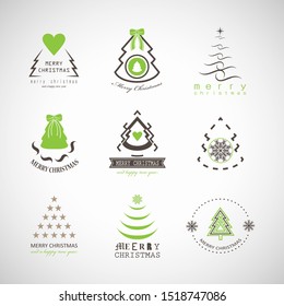 Abstract Christmas Tree Icons. Green Silhouette Set - Isolated On Gray Background - Vector Illustration. Collection Of Xmas Tree Icons. Abstract Art. Flat Pictogram. Christmas Trees Modern Silhouette