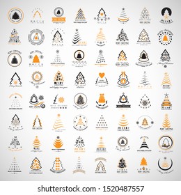 Abstract Christmas Tree Icons. Orange Silhouette Set - Isolated On Gray Background - Vector Illustration. Collection Of Xmas Tree Icons. Abstract Art. Flat Pictogram. Christmas Trees Modern Silhouette