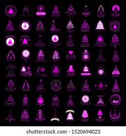 Abstract Christmas Tree Icons. Violet Silhouette Set - Isolated On Black Background - Vector Illustration.Collection Of Xmas Tree Icons. Abstract Art. Flat Pictogram. Christmas Trees Modern Silhouette