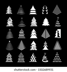 Abstract Christmas Tree Icons. White Silhouette Set - Isolated On Black Background - Vector Illustration. Collection Of Xmas Tree Icons. Abstract Art. Flat Pictogram. Christmas Trees Modern Silhouette
