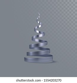 Abstract Christmas tree isolated on transparent background. Vector 3d illustration. Festive decoration element. Silver ribbon. Helix shape