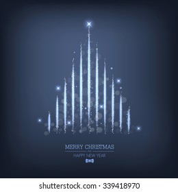 Abstract Christmas tree from light. Greeting card or invitation. Vector