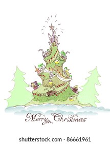 Abstract Christmas tree looks loke mounting and cities on it