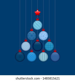 Abstract Christmas Tree Made Of Baubles With Pattern Blue And Red