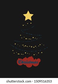 Abstract Christmas Tree Made Of Abstract Blue Baubles Yellow Stars and Red Silhouette Baubles As Base With Decorative Text Over Black Background